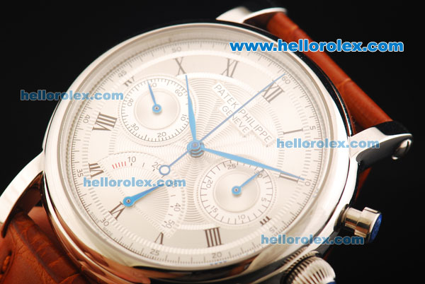 Patek Philippe Chronograph Swiss Valjoux 7750 Manual Winding Movement Steel Case with White Dial and Brown Leather Strap - Click Image to Close